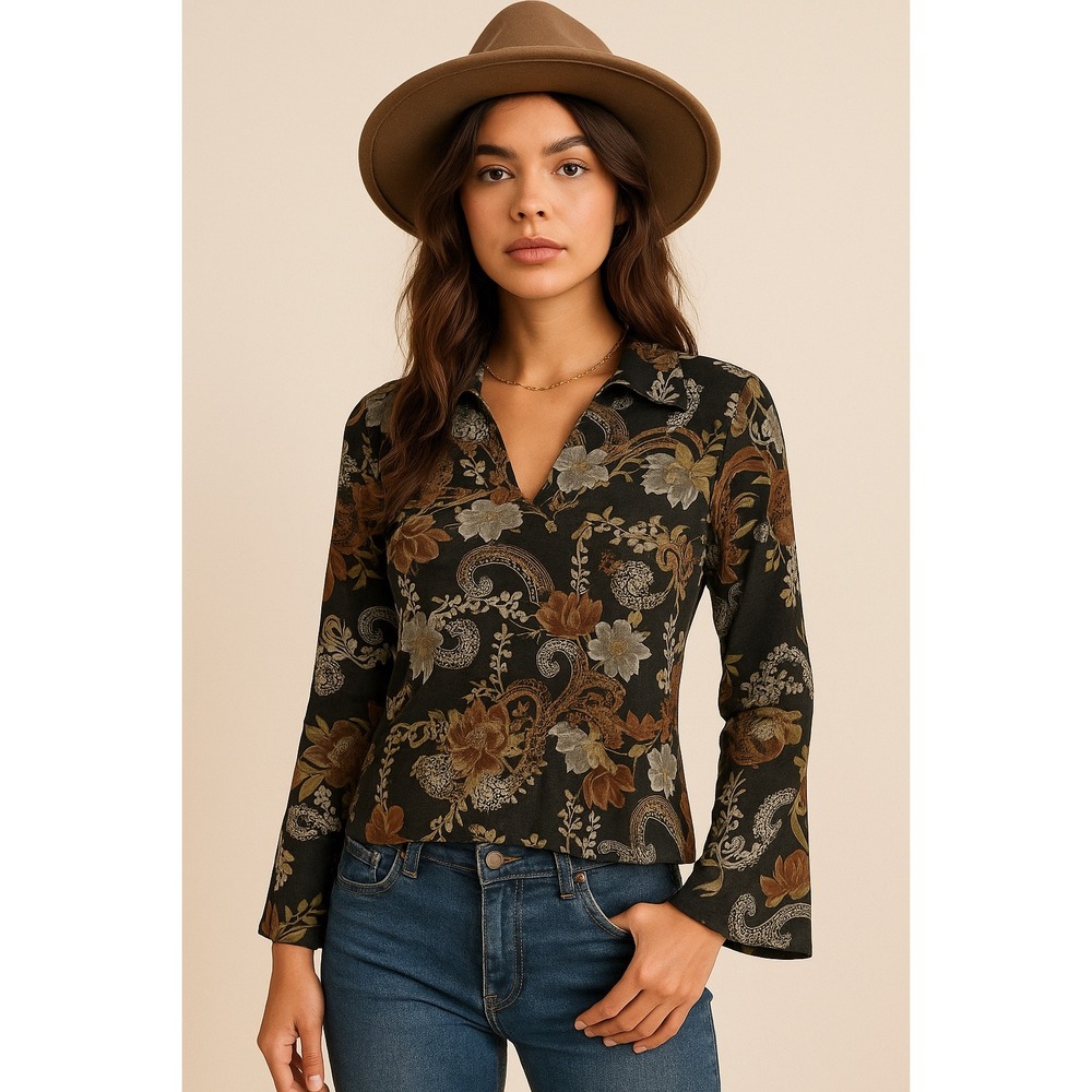 Biaggi‎ Y2K Floral Paisley Boho Retro Stretch Top Lightweight Large Flare Sleeve